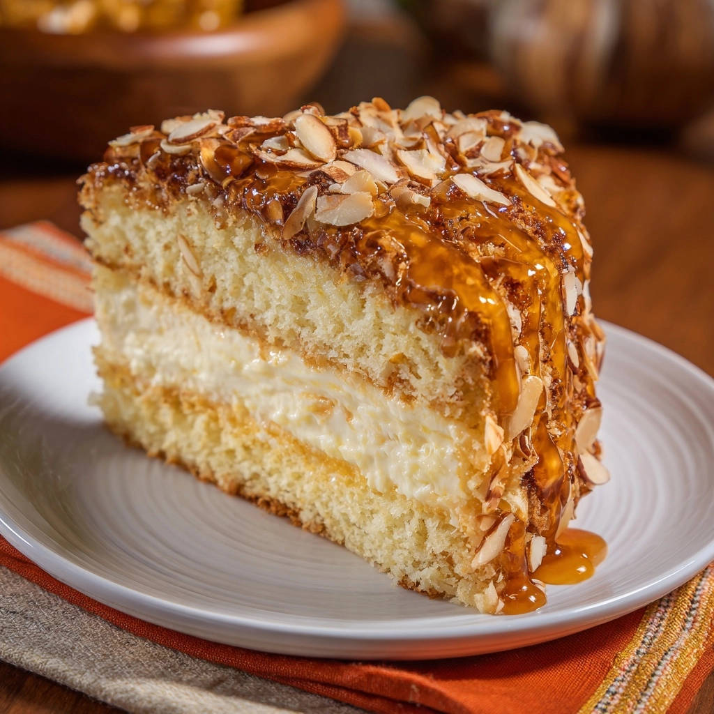 Almond caramel layer cake cross-section slice showing moist cake layers and creamy filling.