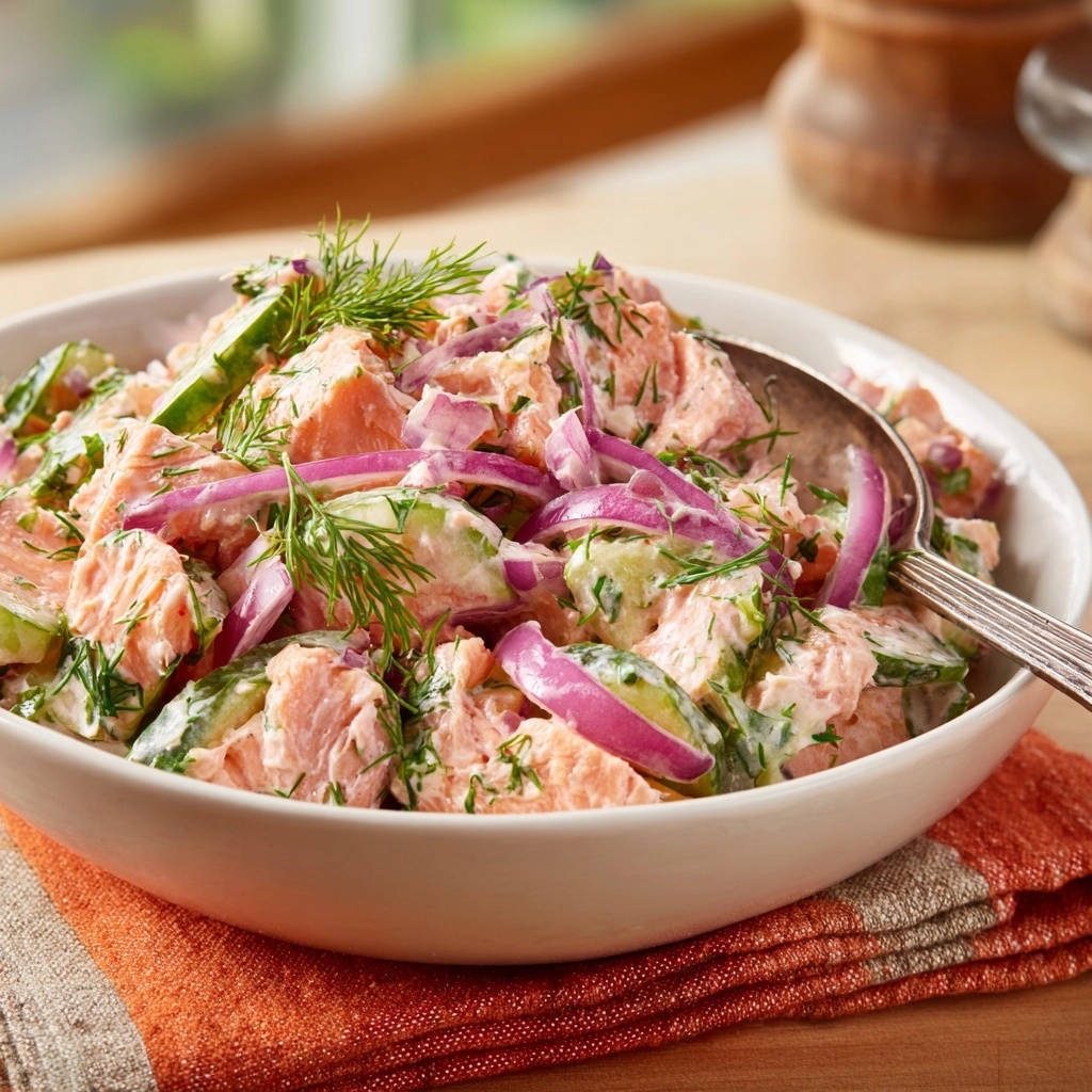 Creamy dill salmon salad served in a white bowl with a spoon, featuring salmon, cucumber, and red onion.
