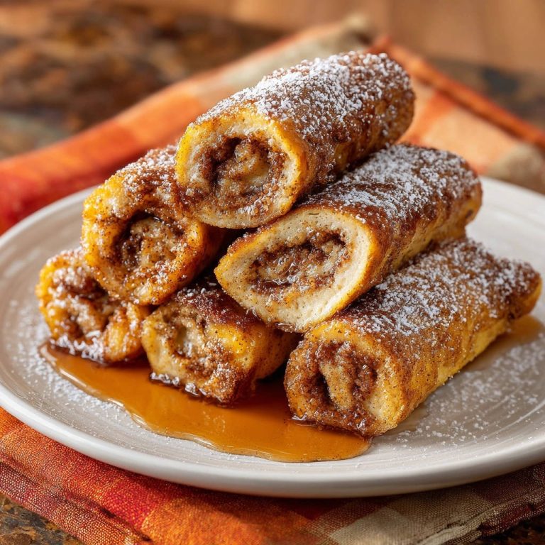 French toast cinnamon rolls shown in a close-up cross-section, dusted with powdered sugar and drizzled with syrup.