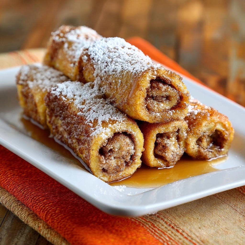 French toast cinnamon rolls stacked on a white plate and dusted with powdered sugar.