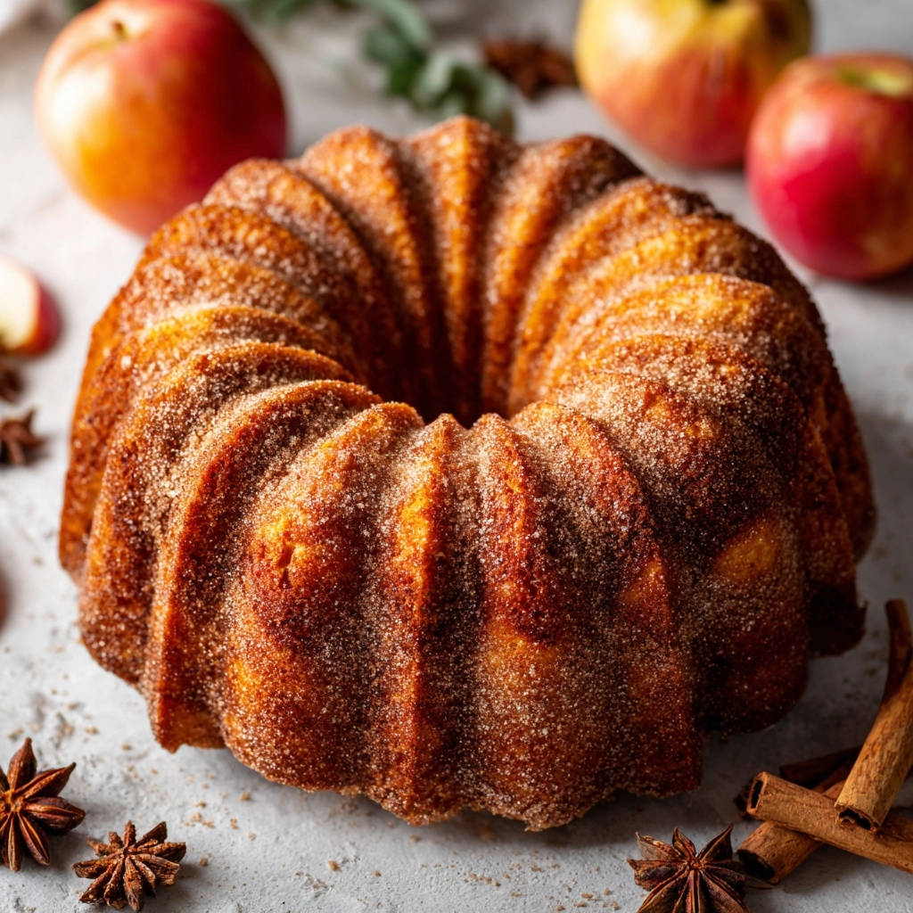 Apple cinnamon bundt cake with a textured sugared exterior and apples in the background.