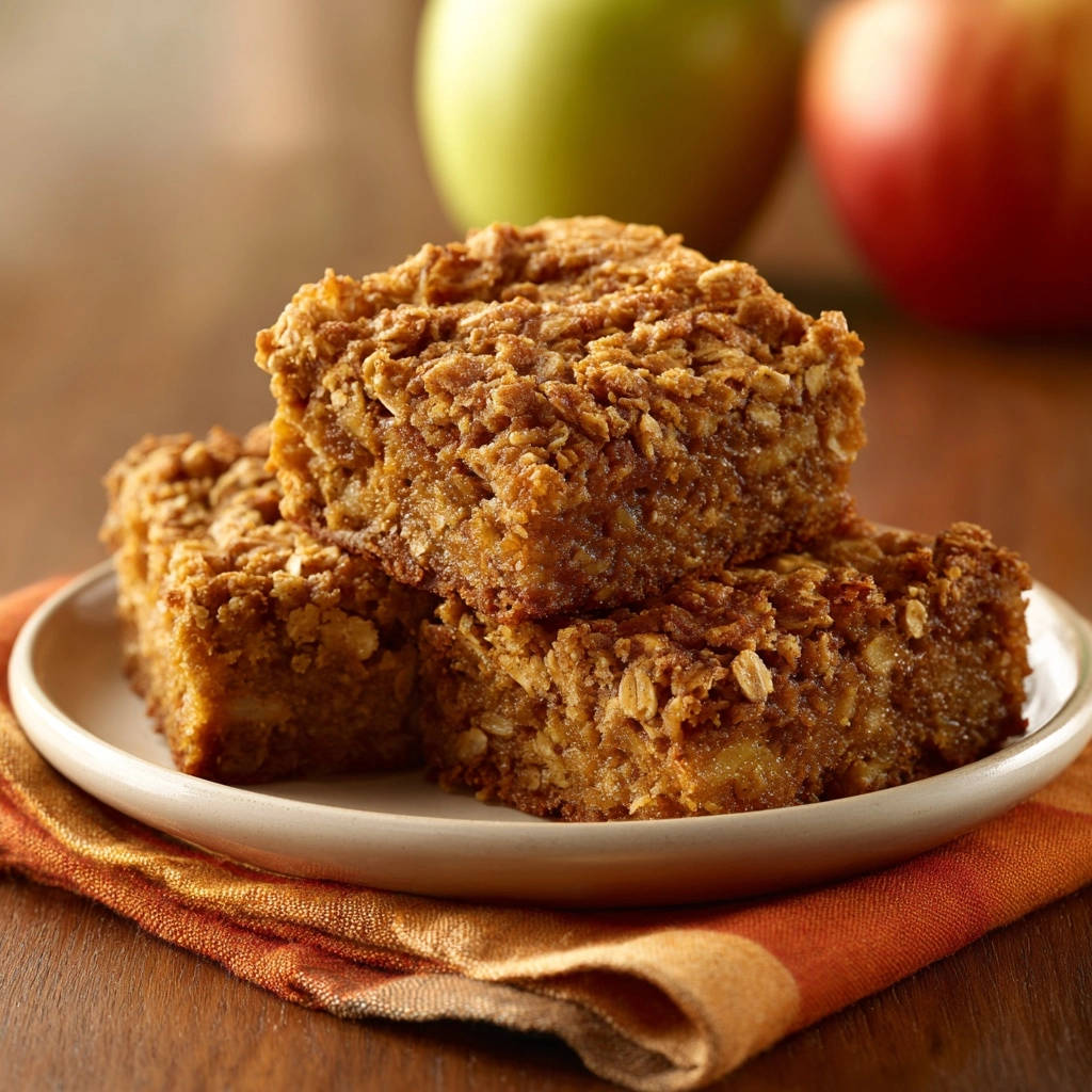 Apple crumble bars stacked on a white plate, showcasing their textured oatmeal topping and golden-brown baked appearance.