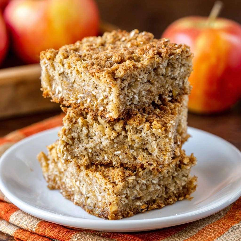 Apple crumble bars stacked on a white plate, showcasing their layered texture and crumb topping.