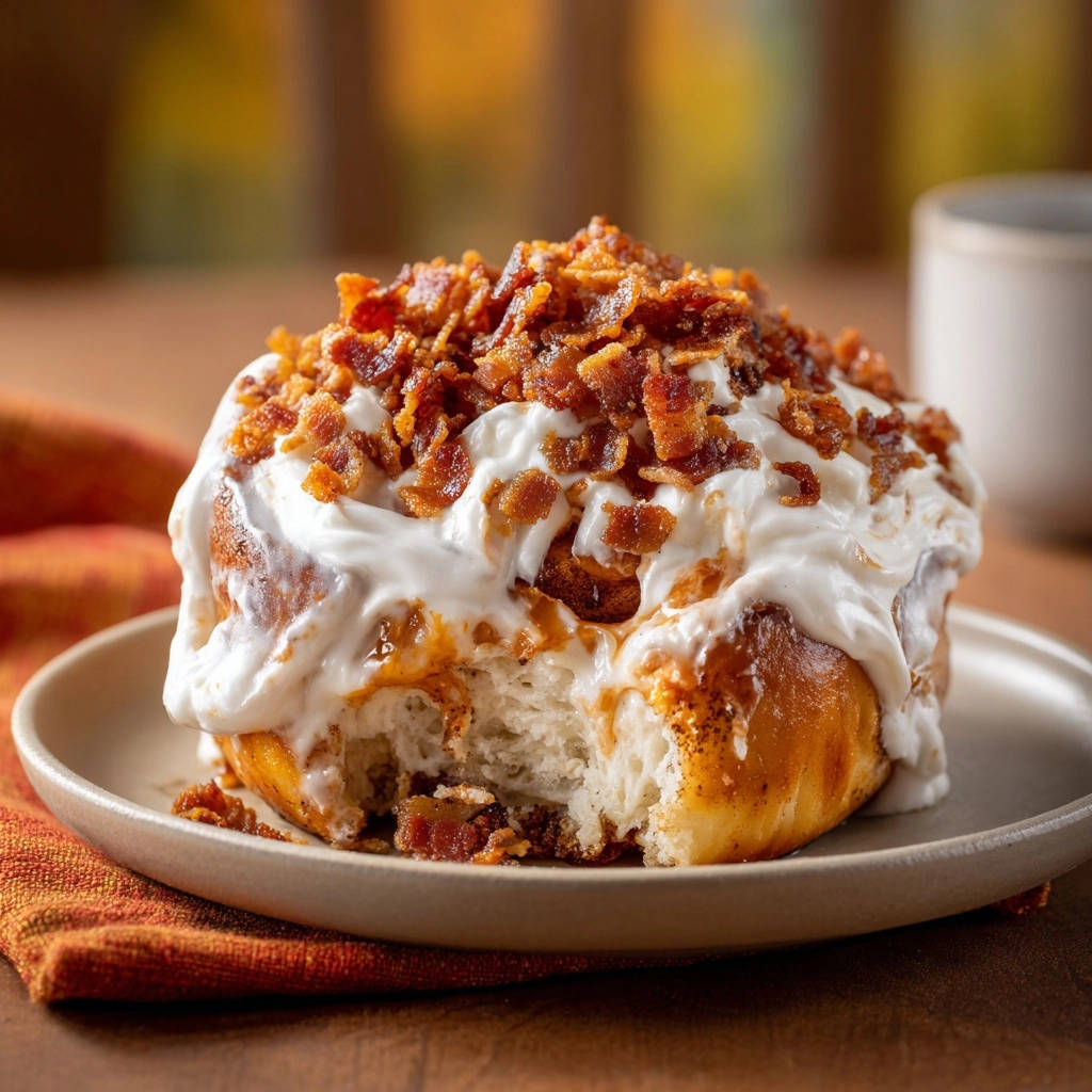 Sweet & Savory Bacon Cinnamon Rolls shown as a close-up with a bite taken out, revealing the fluffy interior.