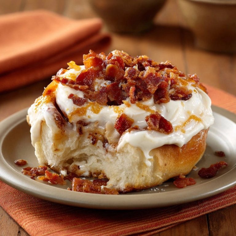 Sweet & Savory Bacon Cinnamon Rolls shown in a close-up cross-section revealing fluffy layers and bacon topping.