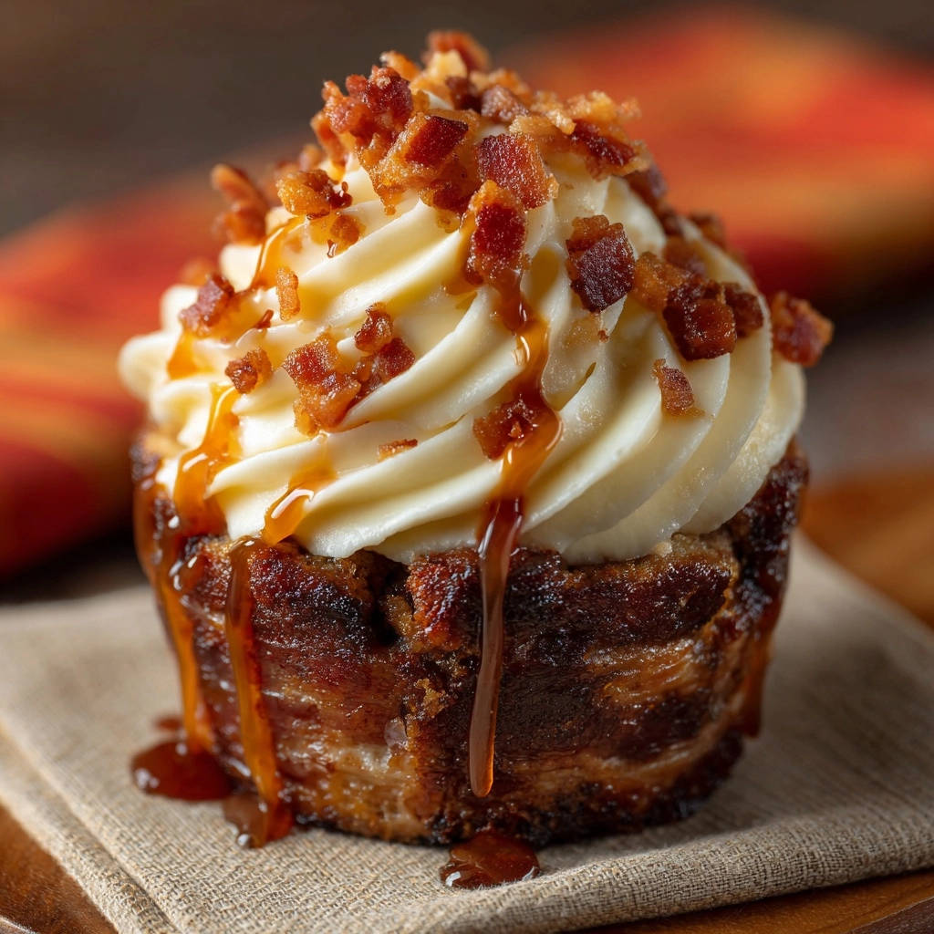 Savory bacon-wrapped meatloaf bites with a generous swirl of frosting and candied bacon topping.
