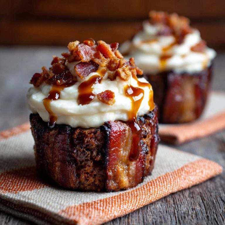 Savory bacon-wrapped meatloaf bites topped with frosting, bacon bits, and caramel drizzle