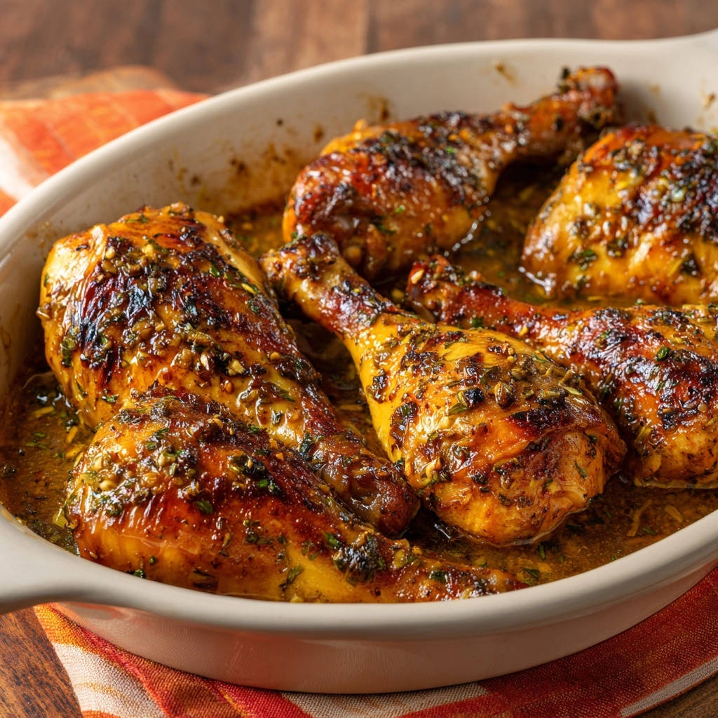 Baked glazed chicken drumsticks shown close-up in a white baking dish with herbs and glaze.