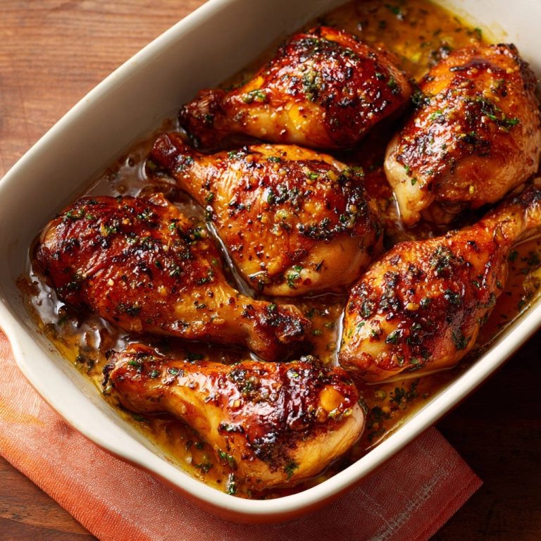 Baked glazed chicken drumsticks glistening in a white baking dish, glistening with sauce and herbs.