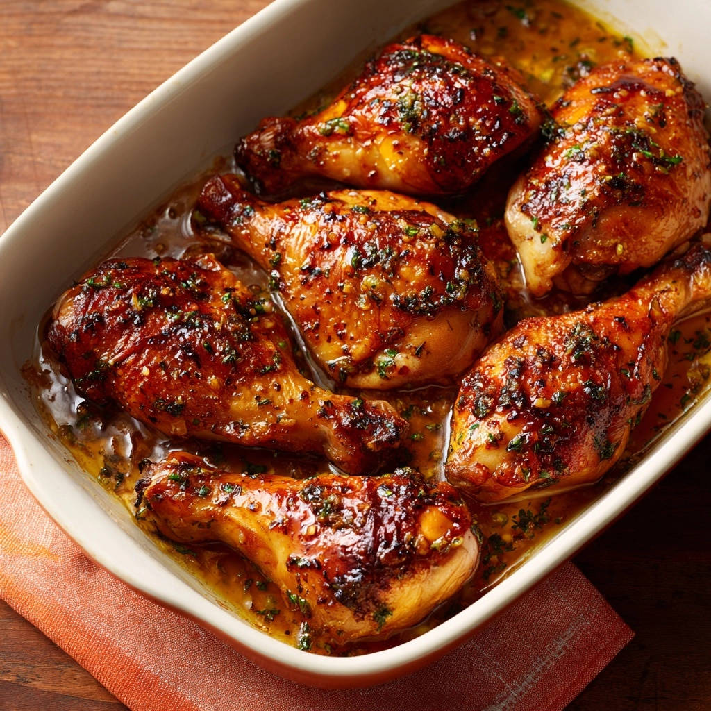 Baked glazed chicken drumsticks glistening in a white baking dish, glistening with sauce and herbs.