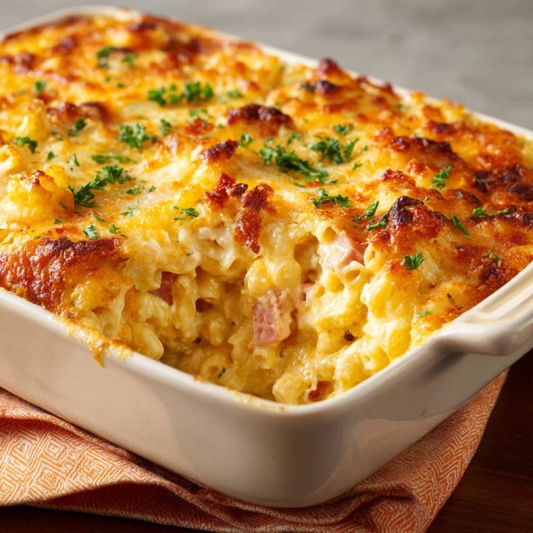 Baked mac and cheese with ham shown in a creamy, cheesy close-up view within a baking dish.