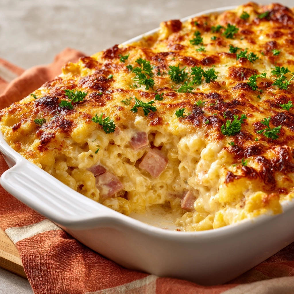 Baked mac and cheese with ham showing a creamy cross-section with melted cheese and pasta.