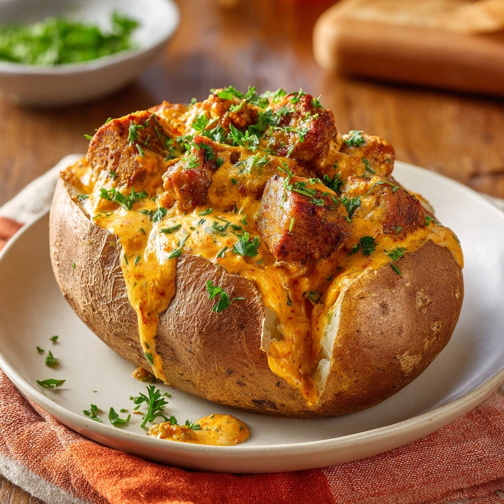 Baked potato with creamy sausage, generously topped with chopped parsley and a rich, orange sauce.