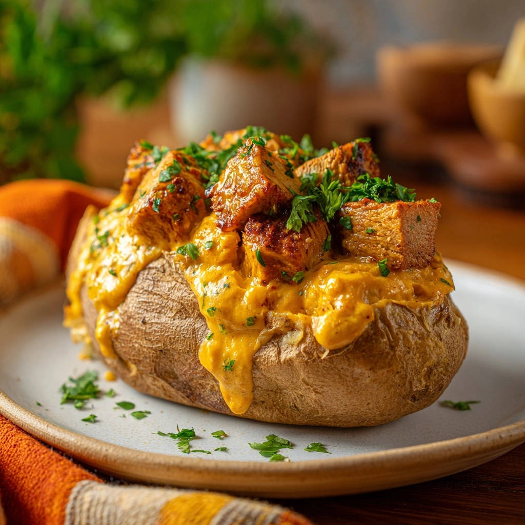Baked potato with creamy sausage topping, showing a close-up view of the savory filling and fresh parsley garnish.