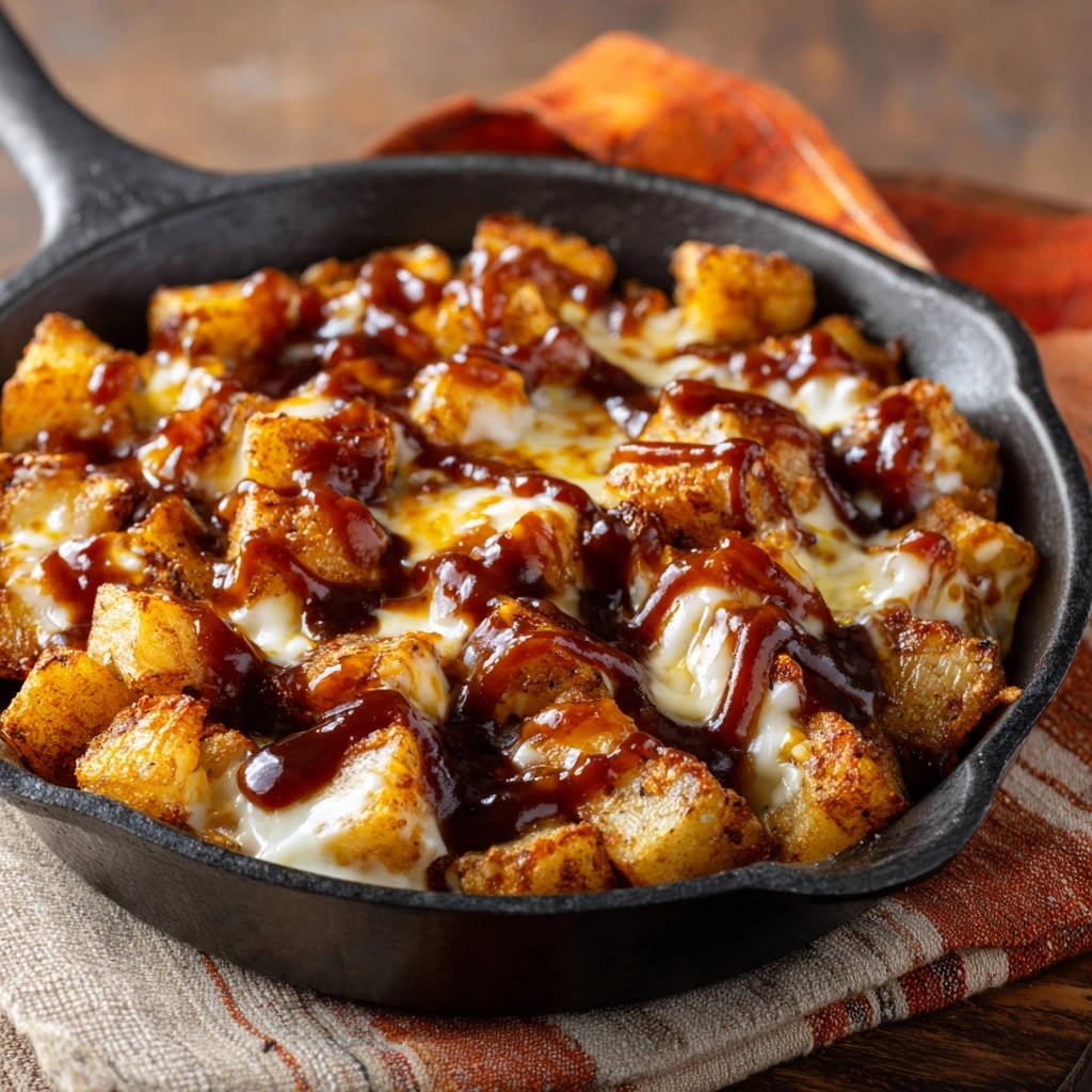 BBQ loaded tater tots are served in a cast iron skillet, showing a close-up of the cheesy, saucy topping.