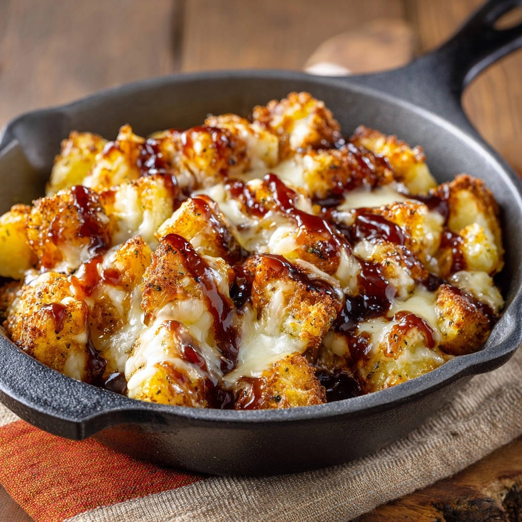 BBQ loaded tater tots in a cast iron skillet, covered in melted cheese and a glossy sauce.