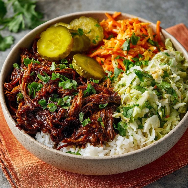 BBQ pulled beef bowls featuring rice, coleslaw, shredded carrots, and pickles, presented in a close-up view.