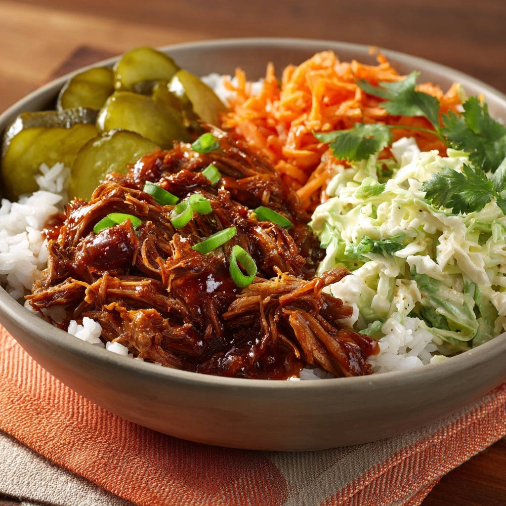 BBQ pulled beef bowls shown in a close-up side view with rice, coleslaw, and pickles.