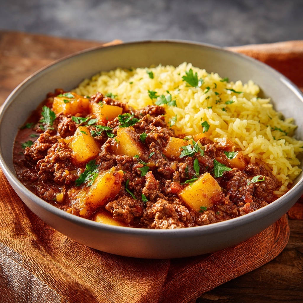 Hearty beef & potato stew served in a bowl with fluffy yellow rice and fresh parsley garnish.