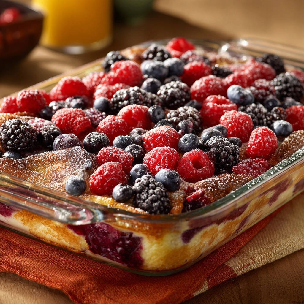 Berry bread pudding bake in a glass dish, topped with fresh raspberries, blueberries, and blackberries, dusted with powdered sugar.