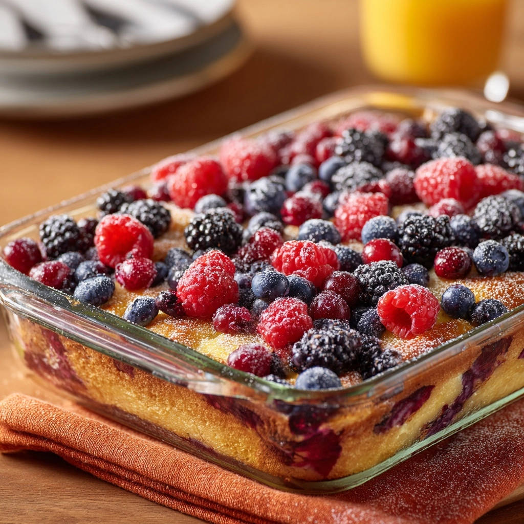 Berry bread pudding bake topped with a generous assortment of fresh raspberries, blueberries, and blackberries.