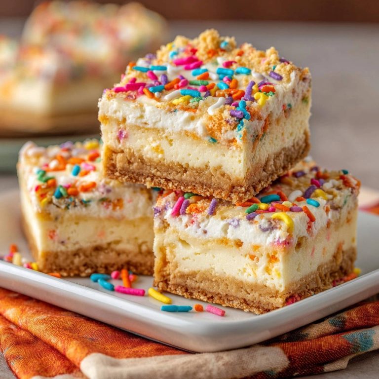 Birthday Funfetti Cheesecake Bars, shown as stacked slices with colorful sprinkles on a white plate.