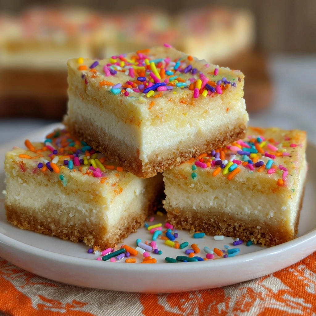 Birthday Funfetti Cheesecake Bars stacked on a plate, topped with colorful sprinkles and a graham cracker crust.