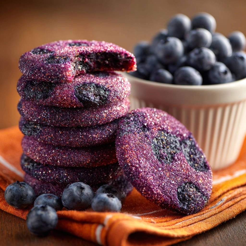 Blueberry Bliss Cookies stacked high and coated in sparkling sugar, with fresh blueberries nearby.