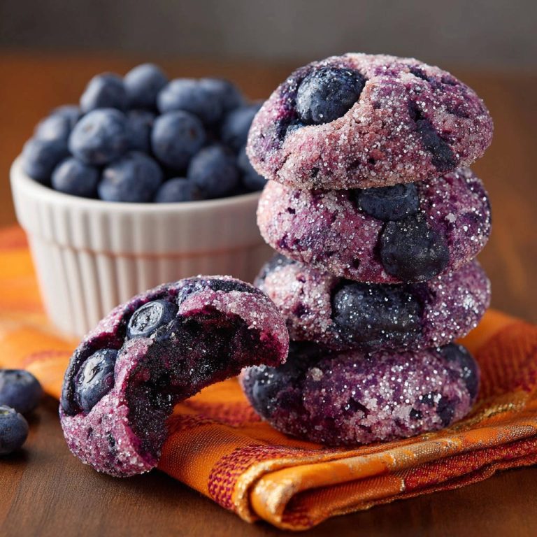 Blueberry Bliss Cookies shown in a sugar-dusted stack with a bite taken out of one cookie.