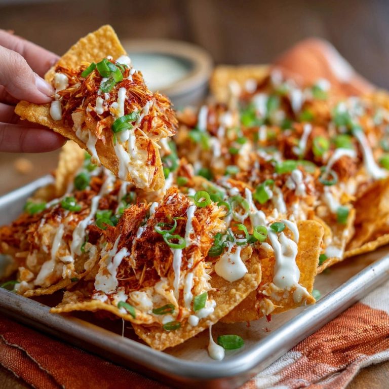 Game Day Buffalo Chicken Nachos, a single chip piled high with shredded chicken and sauce is held up for a bite.