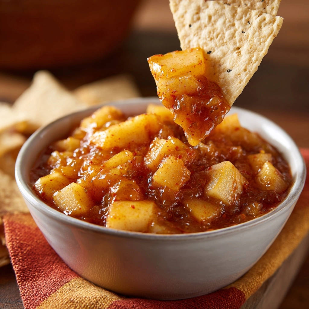 Caramel apple dip served in a bowl with a tortilla chip scooping up a generous portion.