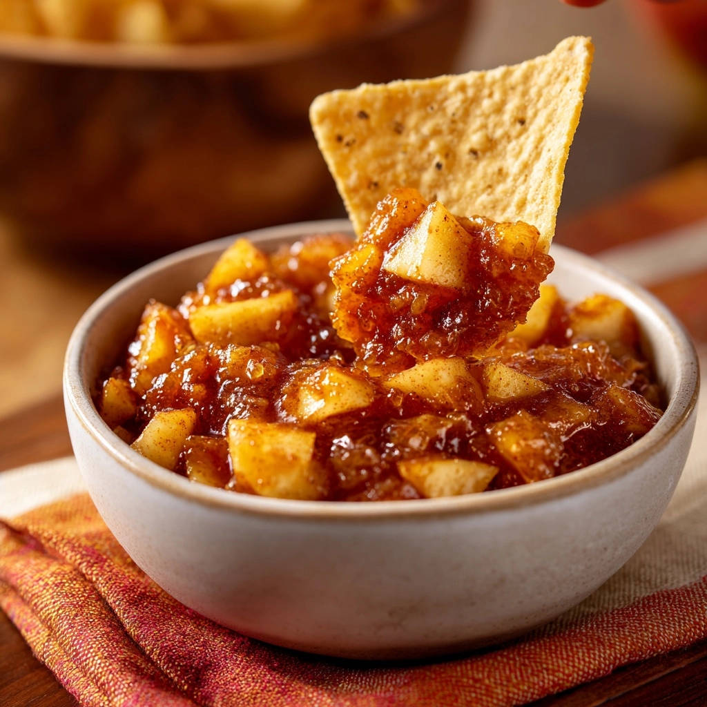 Caramel apple dip, a tortilla chip scooping a thick portion of the chunky, cinnamon-spiced apple mixture.