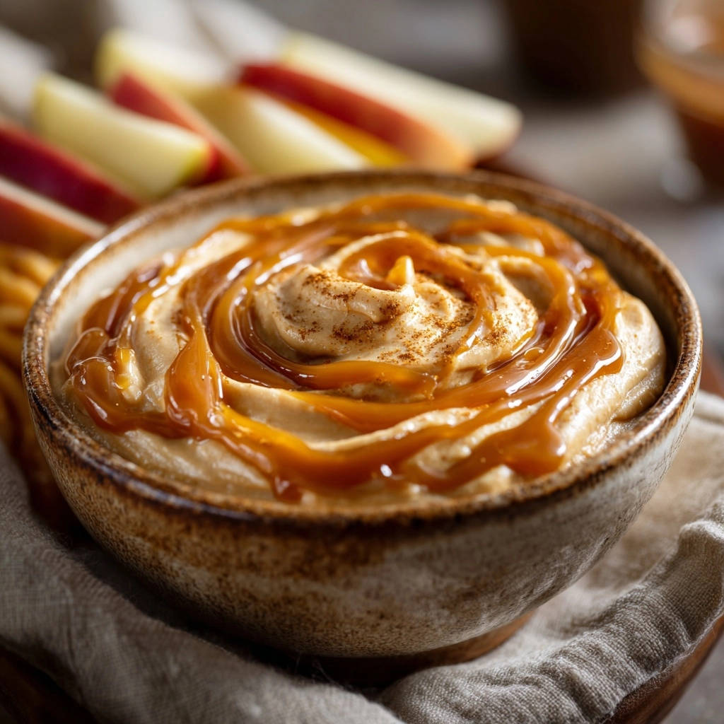 Caramel apple dip with a rich caramel swirl topping and a dusting of cinnamon, served with apple slices.