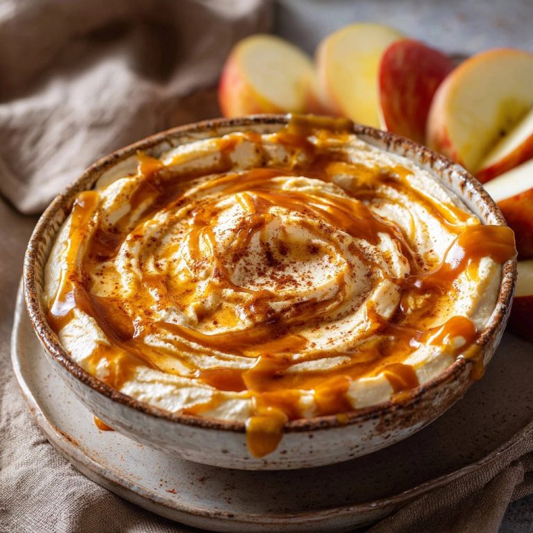 Caramel apple dip swirled with caramel and sprinkled with cinnamon in a rustic bowl, with sliced apples in the background.