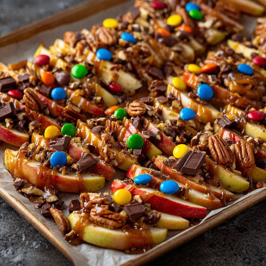 Caramel apple nachos with a close-up view of the toppings, including M&Ms, pecans, and chocolate chunks.