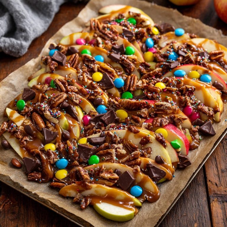 Caramel Apple Nachos are generously topped with chocolate, pecans, and colorful candies on a baking sheet.