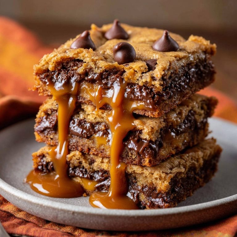 Caramel chocolate chip cookie bars stacked high, with gooey caramel dripping down the sides.