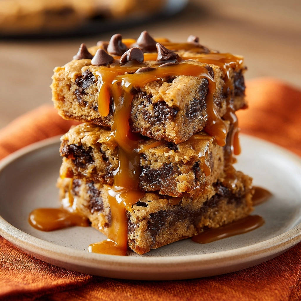 Caramel chocolate chip cookie bars stacked high and drizzled generously with gooey caramel sauce and chocolate chips.