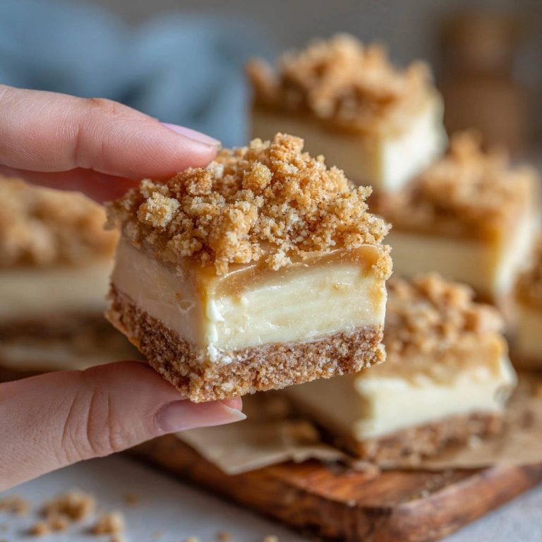 Caramel crumble bars, a hand holding a close-up view of a single slice showing its layers and topping.