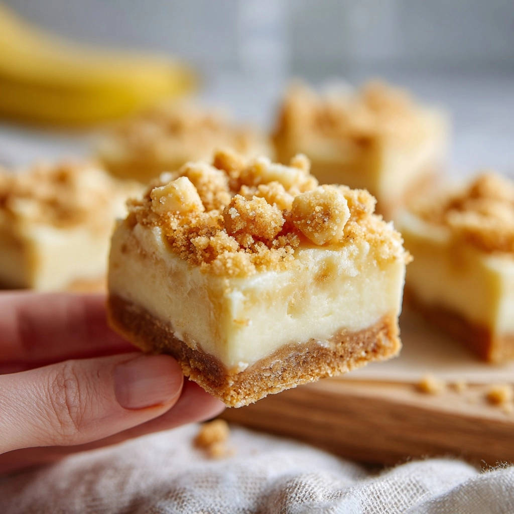 Caramel crumble bars shown as a handheld slice revealing the crumb topping and creamy filling.