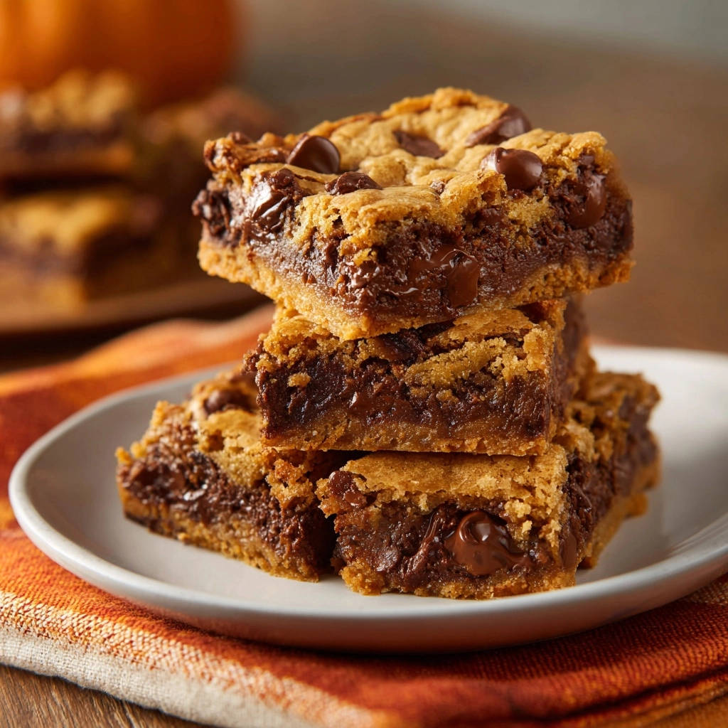 Caramel swirl brookie bars, a close-up stack showing fudgy chocolate interior and chewy cookie topping.