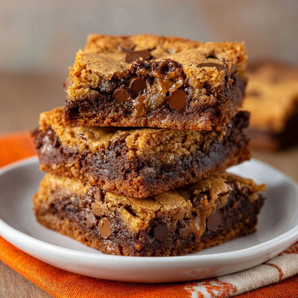 Caramel swirl brookie bars shown stacked in a close-up view, highlighting the fudgy interior and chocolate chips.
