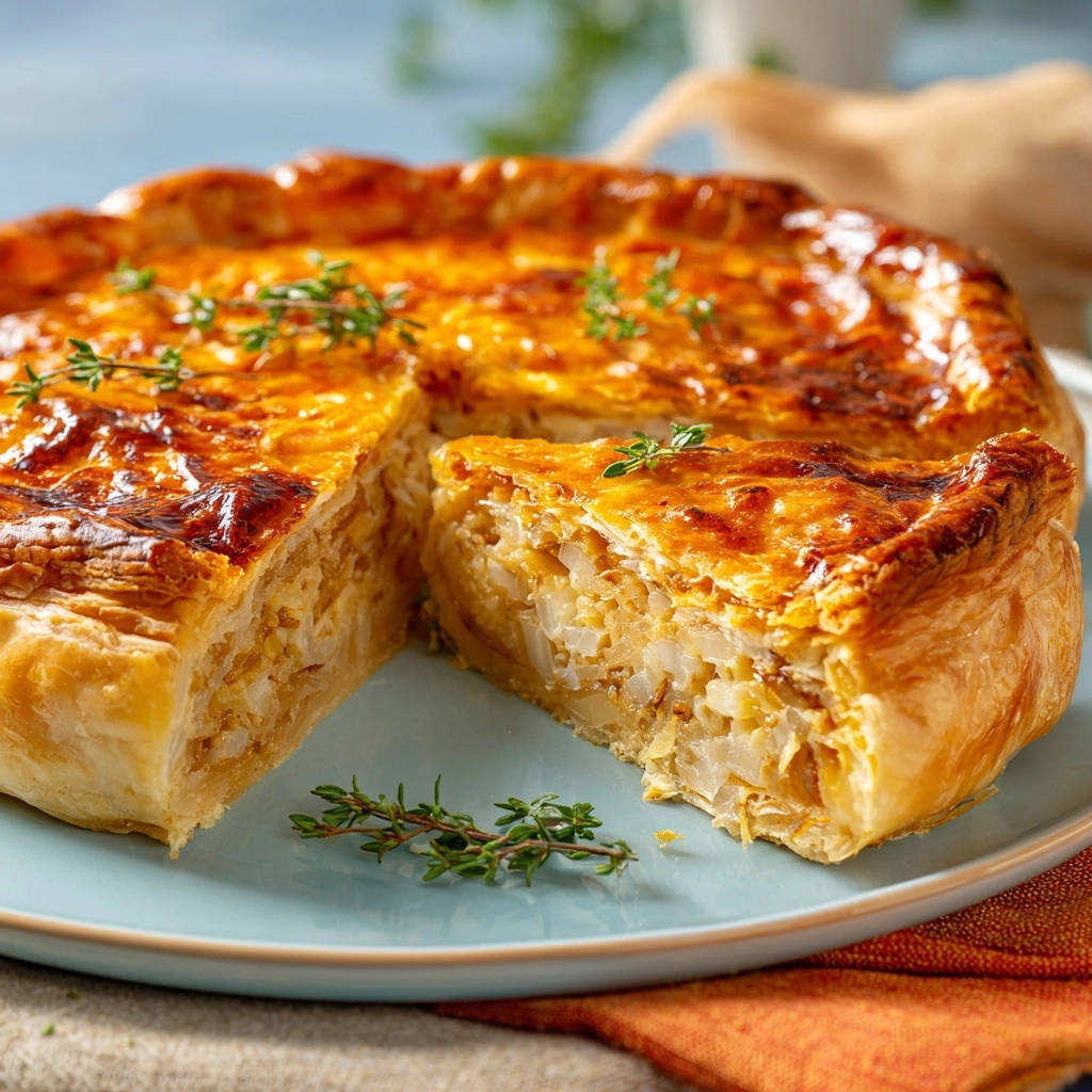 Ultimate Caramelized Onion Pie showing a cross-section of its savory filling and flaky crust.