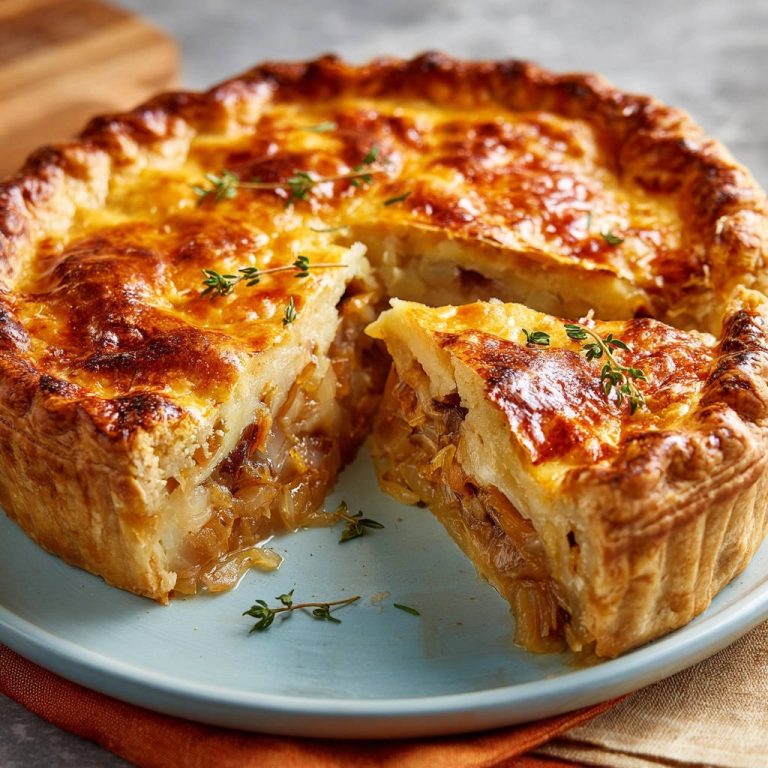 Ultimate Caramelized Onion Pie sliced to reveal its savory, layered interior with a golden-brown crust.