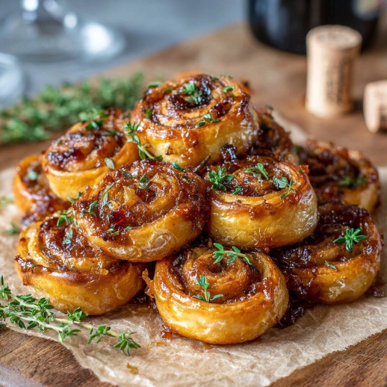 Caramelized onion and thyme pinwheels are piled high, garnished with fresh thyme sprigs in a close-up view.
