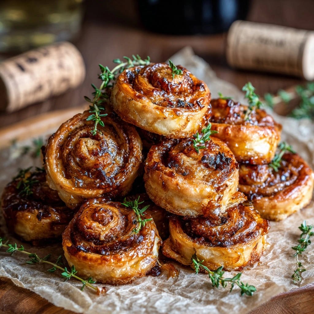 Caramelized onion & thyme pinwheels are stacked and garnished with fresh thyme sprigs in a close-up view.