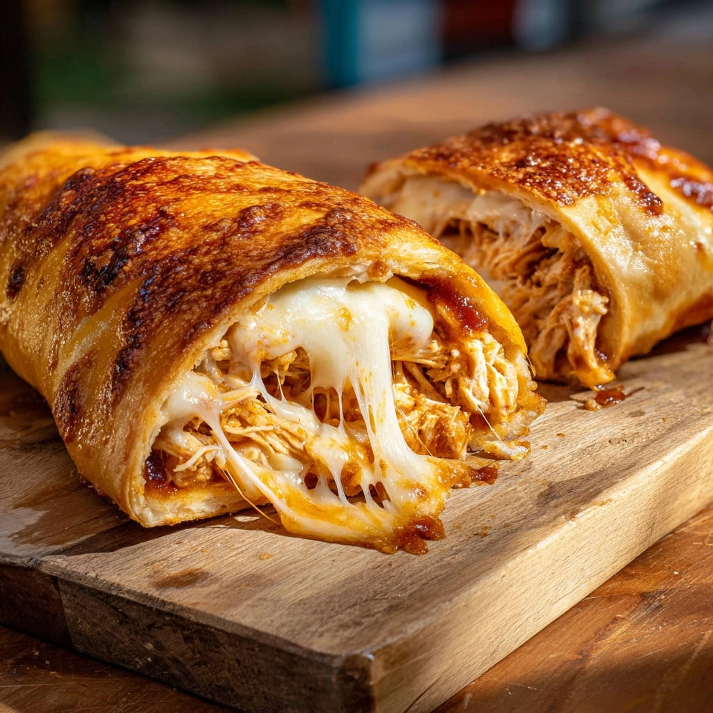 Cheesy BBQ chicken roll cross-section showing gooey melted cheese oozing from the golden-brown baked pastry.