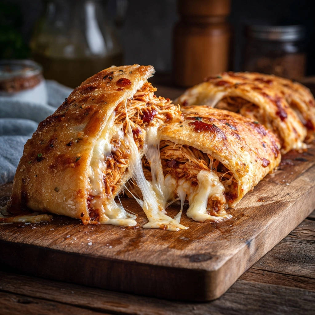 Cheesy BBQ chicken roll cross-section showing shredded chicken and melted mozzarella cheese inside golden-brown pastry.