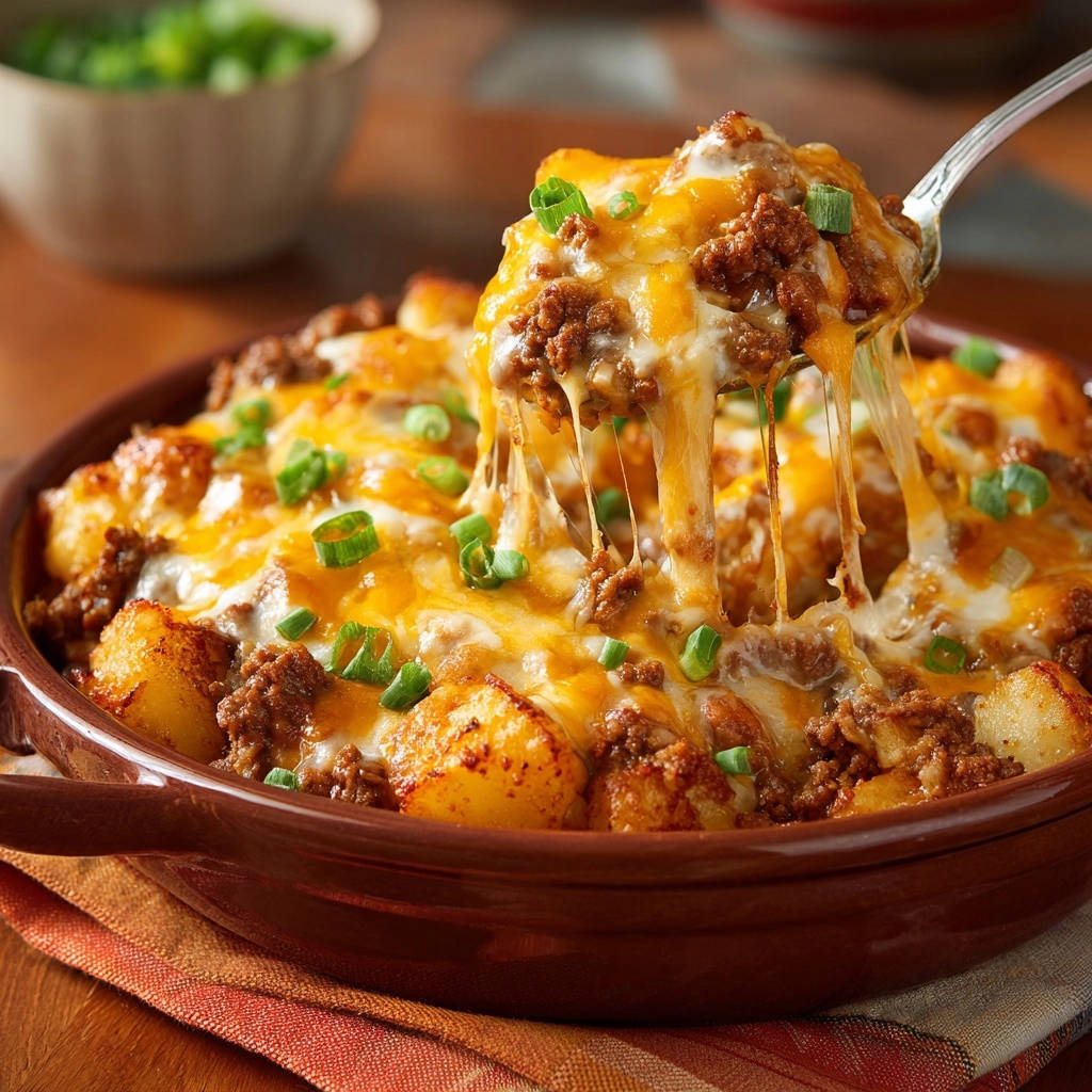 Cheesy beef & potato bake with a spoonful lifting out melting cheese and ground beef.