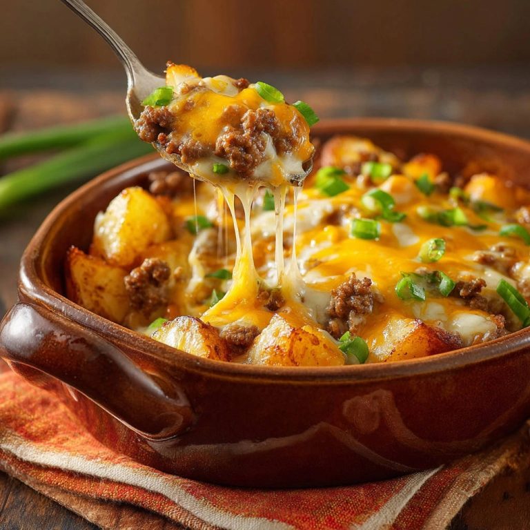 Cheesy beef & potato bake with a spoonful of melted cheese being lifted from the dish, garnished with green onions.